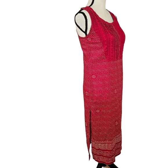 Fabindia Cotton Pleated Front Sleevless Dress, Red, Medium - Picture 3 of 13